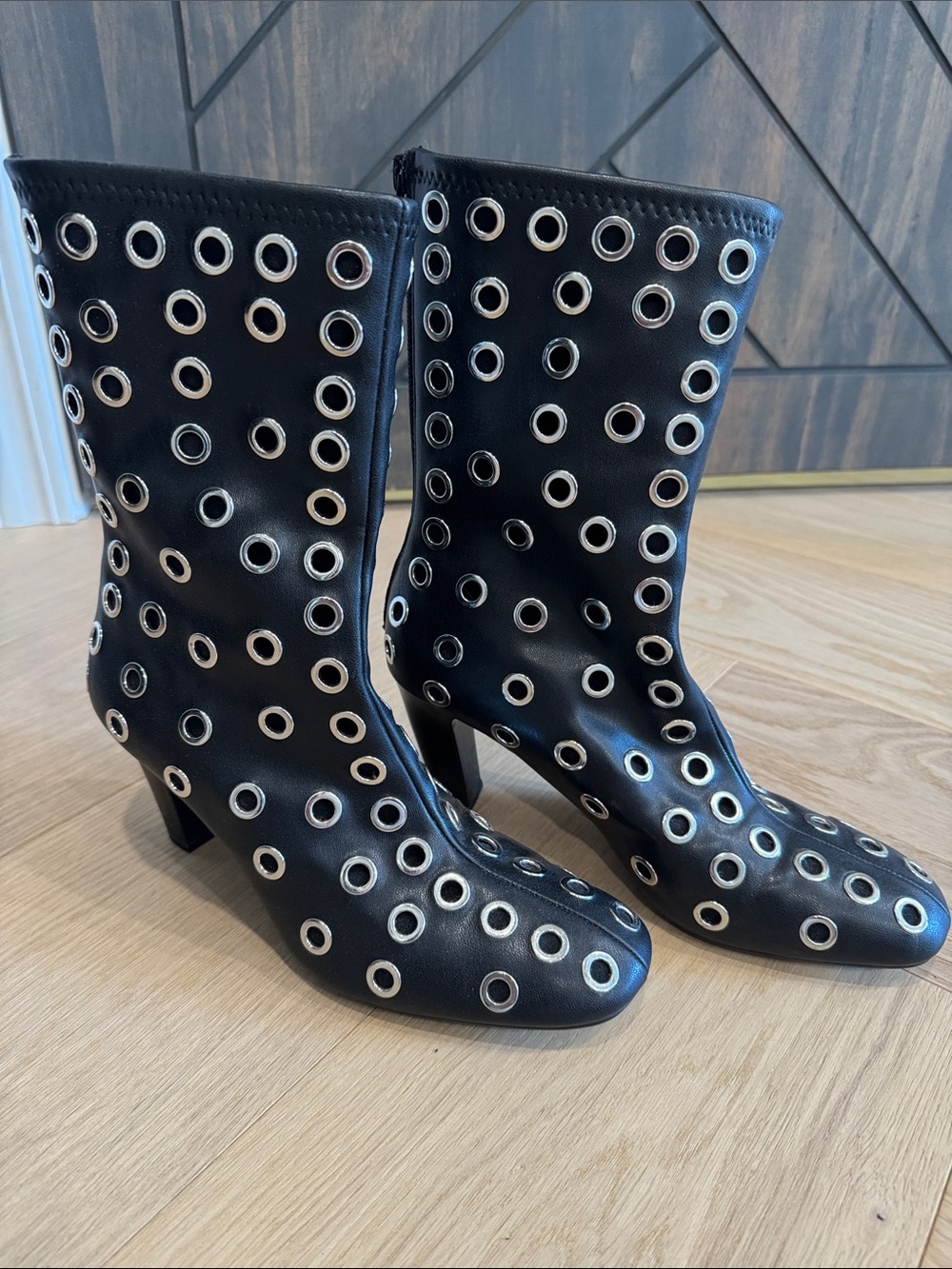 Zara Black Grommet Mid-Calf Heel Boots